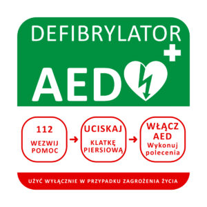 Tablica informacyjna AED - schemat postępowania 30 x 30 cm